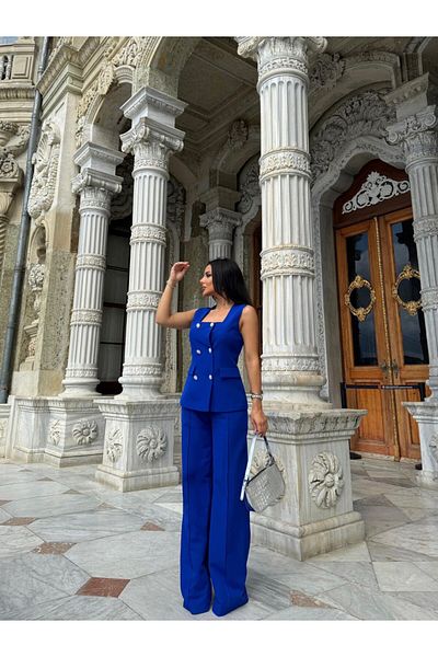 LOBOLIC Women's Special Design Double Set- Square Collar Blazer Vest and Palazzo Pants Stylish Set