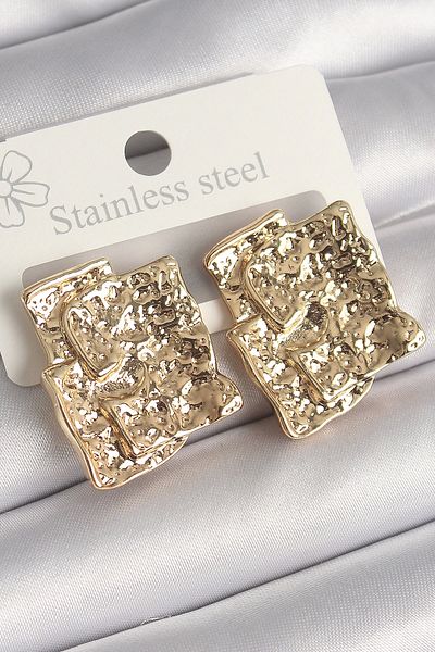 Clariss Brass Silver Color Embroidered Square Plate Model Women's Earrings