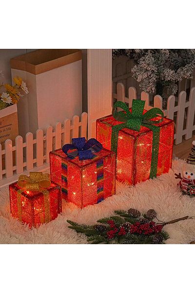 COOYA 3 Illuminated Gift Boxes with Warm White Lights, Battery Powered Decorations for Family Gatherings