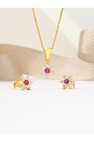 Siset Gümüş 925 Ayar Sarı Altın  Kaplama Kırmızı Zirkon Taşlı Yıldız Gümüş İk...