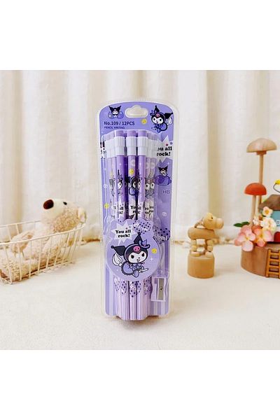 Choice A-Kuromi Set 12pcs Sanrio Cinnamoroll Kuromi Cute Cartoon HB Pencils, 12 Pencils & 1 Pencil Roller S