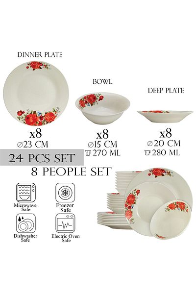 Cesiro 24-piece plate set, for 8 people, Cesiro, Ivoire with red rose