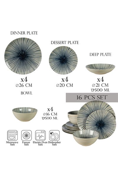 Cesiro 16-piece plate set, for 4 people, MoonLight, Cesiro, Ivory White with blue lines