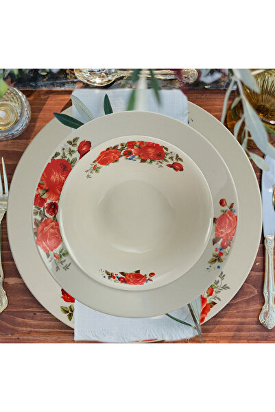 Cesiro Set farfurii 24 piese, pentru 8 persoane, Cesiro, Ivoire cu trandafir rosu