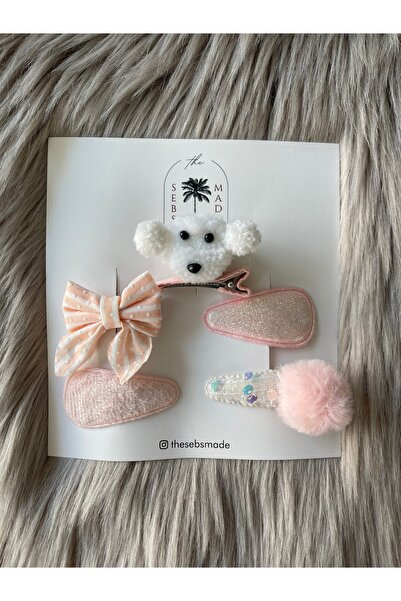 SEBSMADE Dog Poodle Pembe Pompon Tüylü Klips Toka Set