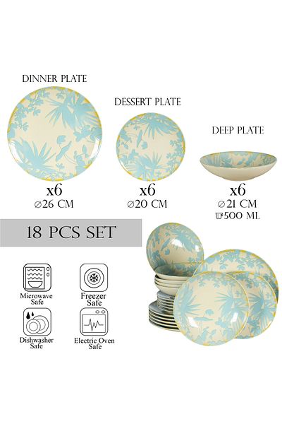 Cesiro 18-piece plate set, for 6 people, Hawaii, Cesiro, Ivory white with light blue leaves