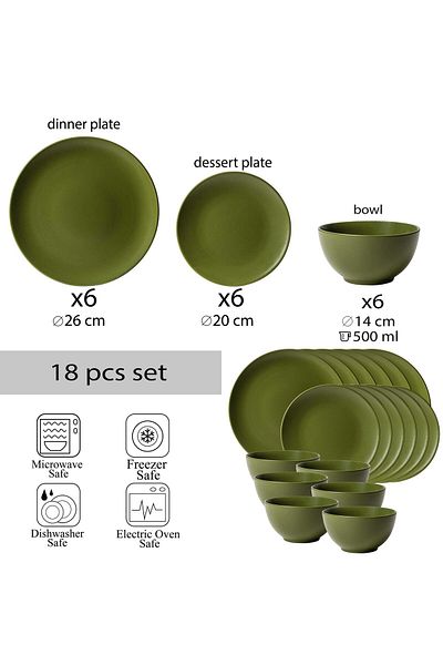Cesiro 18-piece plate set, for 6 people, Olive Green, Cesiro, Matte Olive Green