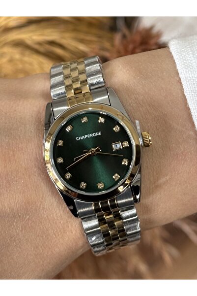 Chaperone Gümüş-Gold Renk Çelik Kordon,Yeşil Kadran Taşlı Şık Model Kadın Kol...