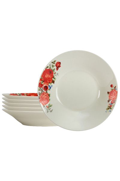 Cesiro Set of 6 deep plates 20 cm x 280 ml, for 6 people, Ivoire with red rose