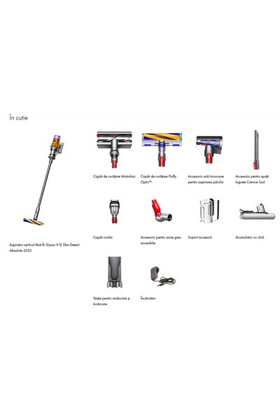 DYSON Aspirator vertical Dyson V12 Detect Slim Absolute 2023, 0.35 L, 545 W (Nichel/Galben)
