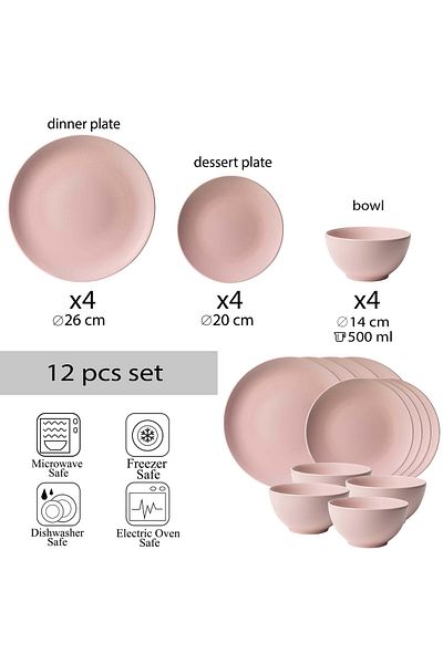 Cesiro 12-piece plate set, for 4 people, Pastel Pink, Cesiro, Matte Pink