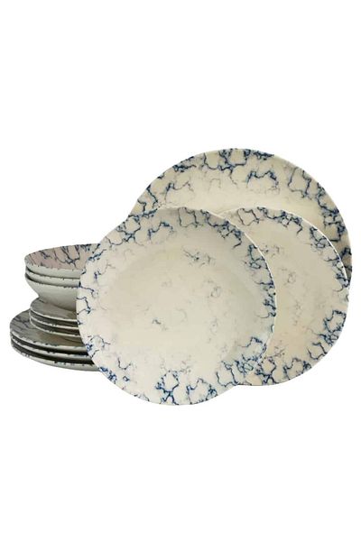 Cesiro 12-piece plate set, for 4 people, Marble, Cesiro, Ivory White with Blue