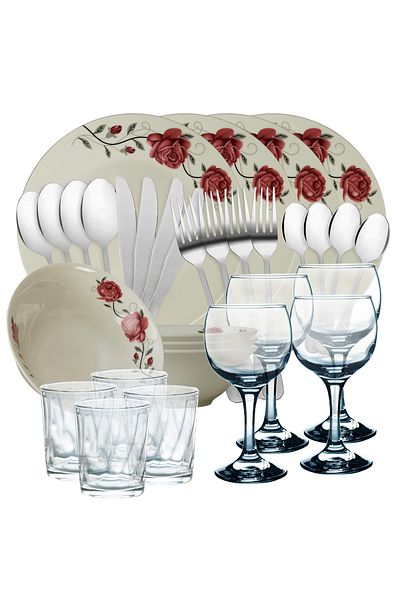 Cesiro 32-piece dinner set, for 4 people, Rose, Cesiro, Porcelain, White, decorated with pink rose