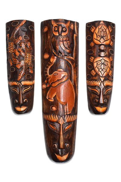 Hedicaret Üçlü Mask Seti Baykuş Fil Ahşap Duvar Objesi Yüz Surat Maske