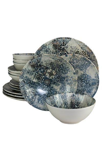 Cesiro 16-piece plate set, for 4 people, Blue Tiles, Cesiro, Ivory/Blue