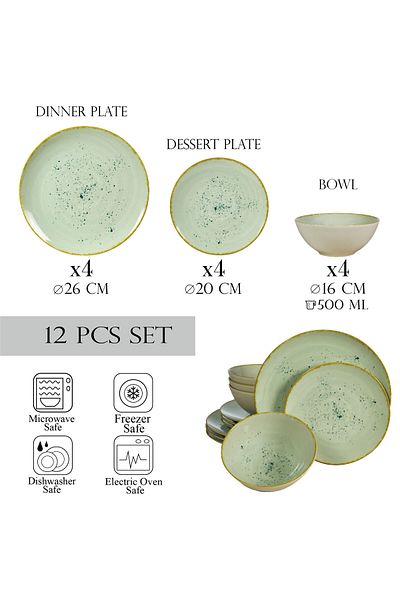 Cesiro 12-piece plate set, for 4 people, Light Pistachio, Cesiro, Glossy Pastel Green