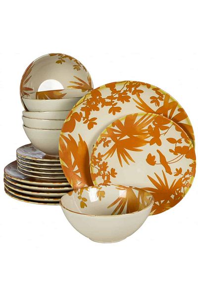 Cesiro 18-piece plate set, for 6 people, Hawaii, Cesiro, Ivory white with orange leaves