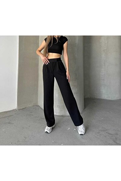 OFLAZ BUTİK HOUSE Women's Black High-Waisted Velcro Pleated Palazzo Pants