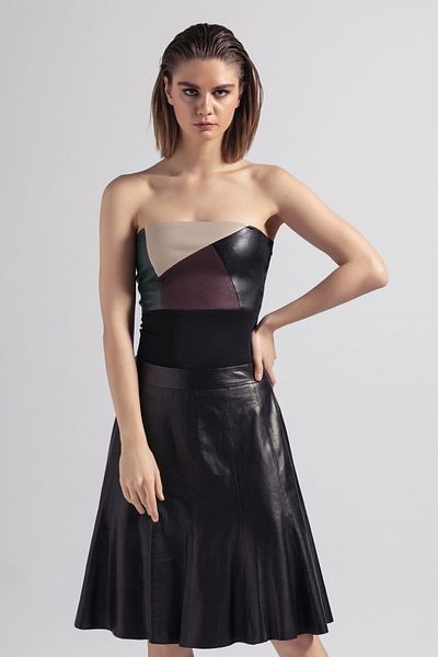 Deriderim Black Women's Pleated Genuine Leather Skirt with Belt and Back Zipper