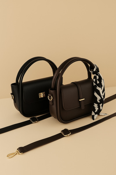 NOTHING Kadın Siyah Kahve Gold Aksesuar Detaylı Fular Hediyeli 2'li  El Omuz Ve Çapraz Çanta Seti MonaMilan