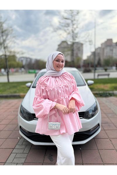 Refika Butik Ροζ γυναικεία μπαλόνι μανίκι Flower Tunic Μπλούζα
