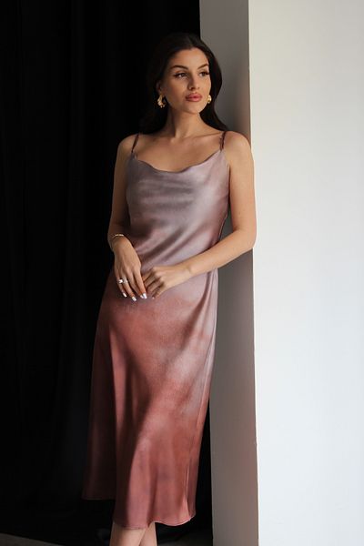 Julidress Brown Patterned Strappy Drape Collar Midi Length Premium Satin Dress