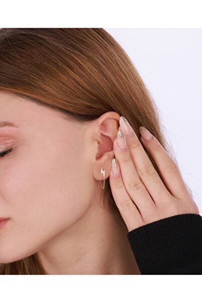 Mistik Silver Şimşek Motifli Zincirli Gümüş Küpe - Gold Renk