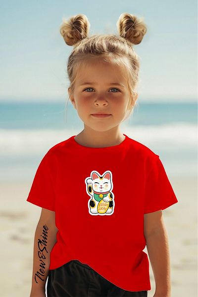New Shine 1 T-Shirt Is a Gift for Purchases of 6 or More in the Cart - Lucky Cat Printed Oversize Children's T-Shirt