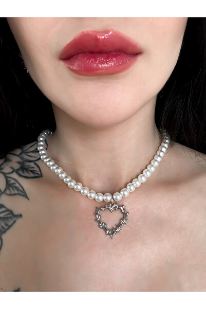 DarkellaStore قلادة هاراجوكو لوليتا على شكل قلب من اللؤلؤ الصناعي