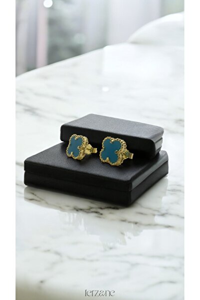 FERZANE 925 Ayar Mavi Mineli Gold Renk Yonca Özel Tasarım Gümüş Küpe