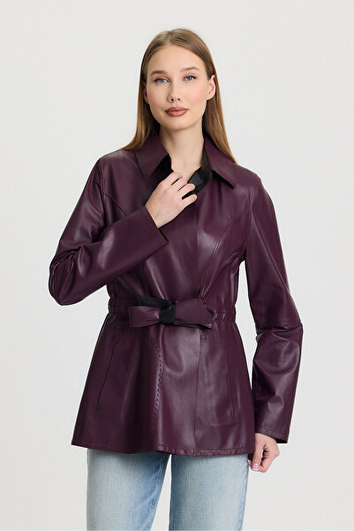 Orkır collection Mor Hakiki Oğlak Derisi Çift Taraflı Kuşaklı Kadın Trenç