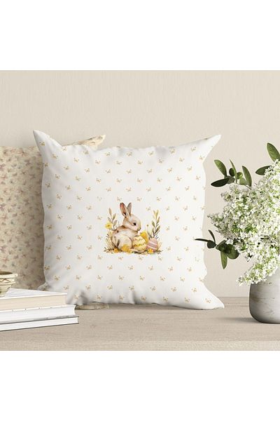 Club Cotton Fata perna decorativa din bumbac cu motive pascale, 45x45cm, Ginny cu iepurasi si fluturi