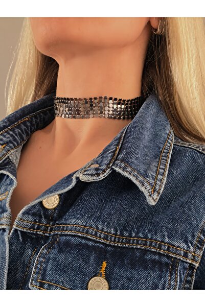 Eva Takı Store Arpa Pul Payet Zırh Metal Model Antrasit Choker Kolye
