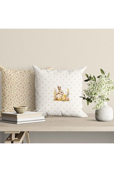 Club Cotton Fata perna decorativa din bumbac cu motive pascale, 45x45cm, Ginny cu iepurasi si fluturi