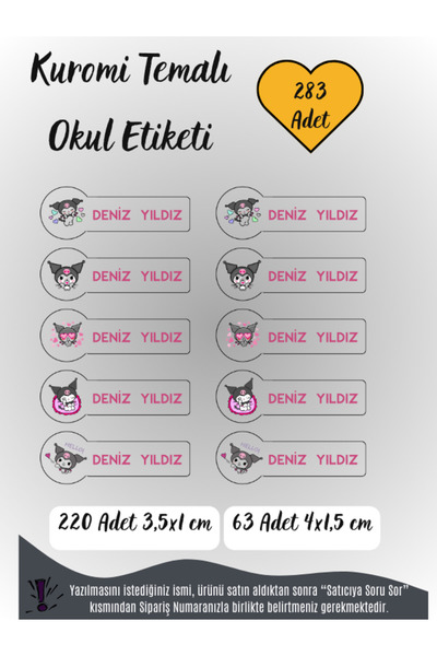 TOZLU RAF 283 Adet Kişiye Özel Kuromi Temalı Okul Etiketi
