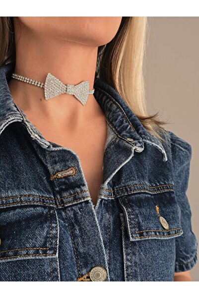 Eva Takı Store ربطة القوس فيونكة نموذج حجر الراين المختنق نموذج قلادة فضية اللون