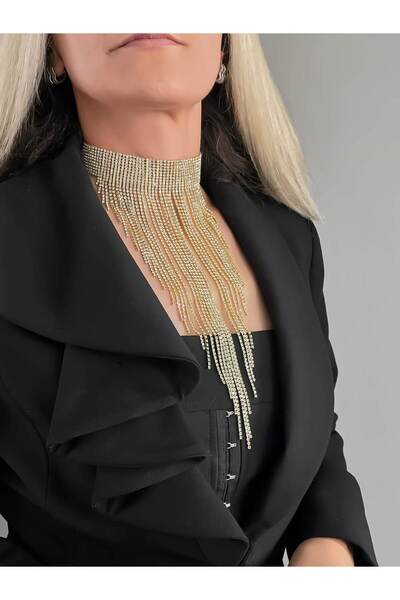 Eva Takı Store Kristal Taşlı Saçaklı Püskül Model Gold Renk Abiye Choker Tasm...