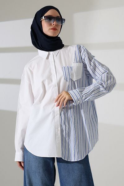 Mihran Butik Cămașă Hijab albastră din țesătură popelină 100% bumbac