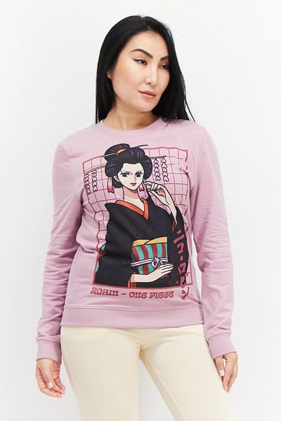 ONE PİECE Women Crew Neck Long Sleeve Graphic Print Sweatshirt, Purple