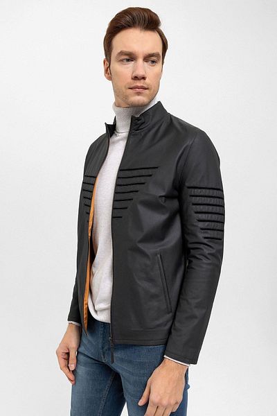 Deriderim Navy Blue Genuine Leather Inside Yellow Fabric Zippered Thin Vincenzo Men's Double Sided Coat
