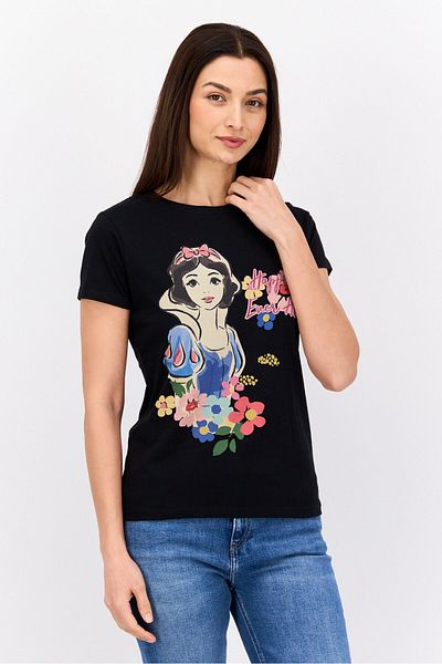 DİSNEY PRİNCESS Women Round Neck Short Sleeves Graphic Print T-Shirt, Black