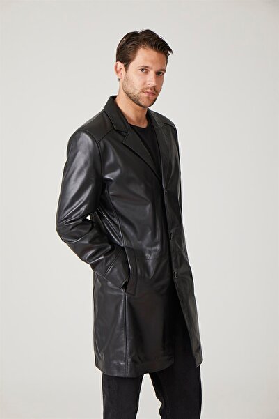 Deriderim Black Tarkan Buttoned Lined Trench Coat Men's Genuine Leather Coat