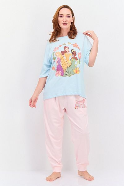 DİSNEY PRİNCESS Women 2 Pcs Graphic Print Top And Bottom Pyjama Set, Pastel Blue