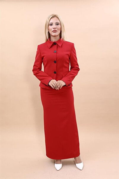 ÖNDER ÖZSOY Peplum Ceket & Uzun Kalem Etek Takım-Kırmızı