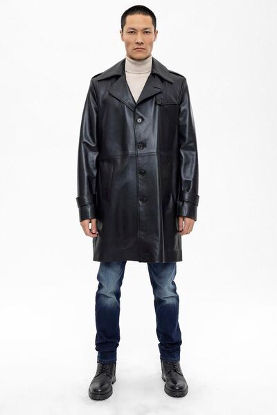 Deriderim Siyah Alen Düğmeli Astarlı Yırtmaçlı Hakiki Deri Kaban