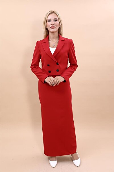 ÖNDER ÖZSOY Mini Blazer Ceket & Uzun Kalem Etek Takım-Kırmızı