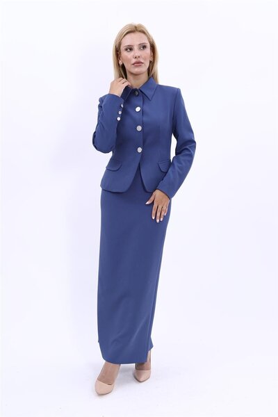 ÖNDER ÖZSOY Peplum Ceket & Uzun Kalem Etek Takım-İndigo