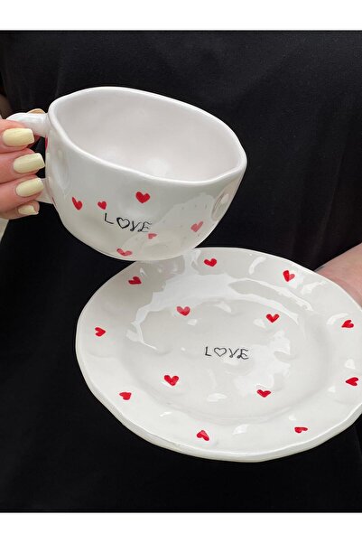 MeGgDecor Şekilsiz 300ml Kalpli Love Yazılı Kupa