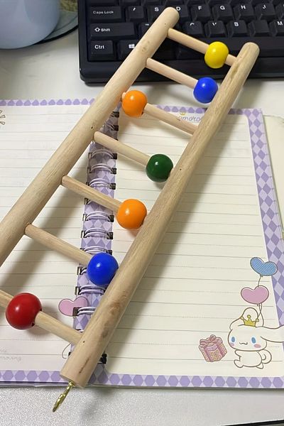 Alyones Natural Wooden Climbing Ladder - Bird Toy with Colorful Beads Swing