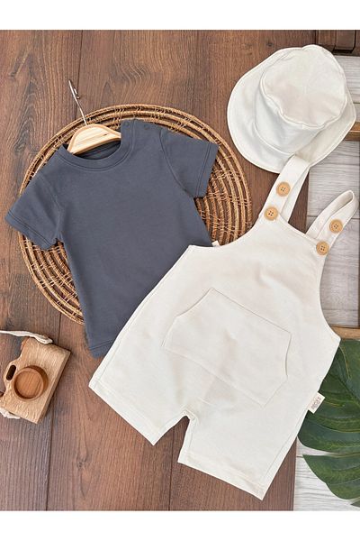 Babexi Hat Kangaroo Pocket Shoulder Snap Fastener Badi Summer Baby Boy Salopet Set